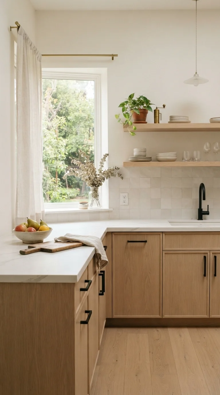 1. Light White Oak Cabinetry with Matte Black Hardware