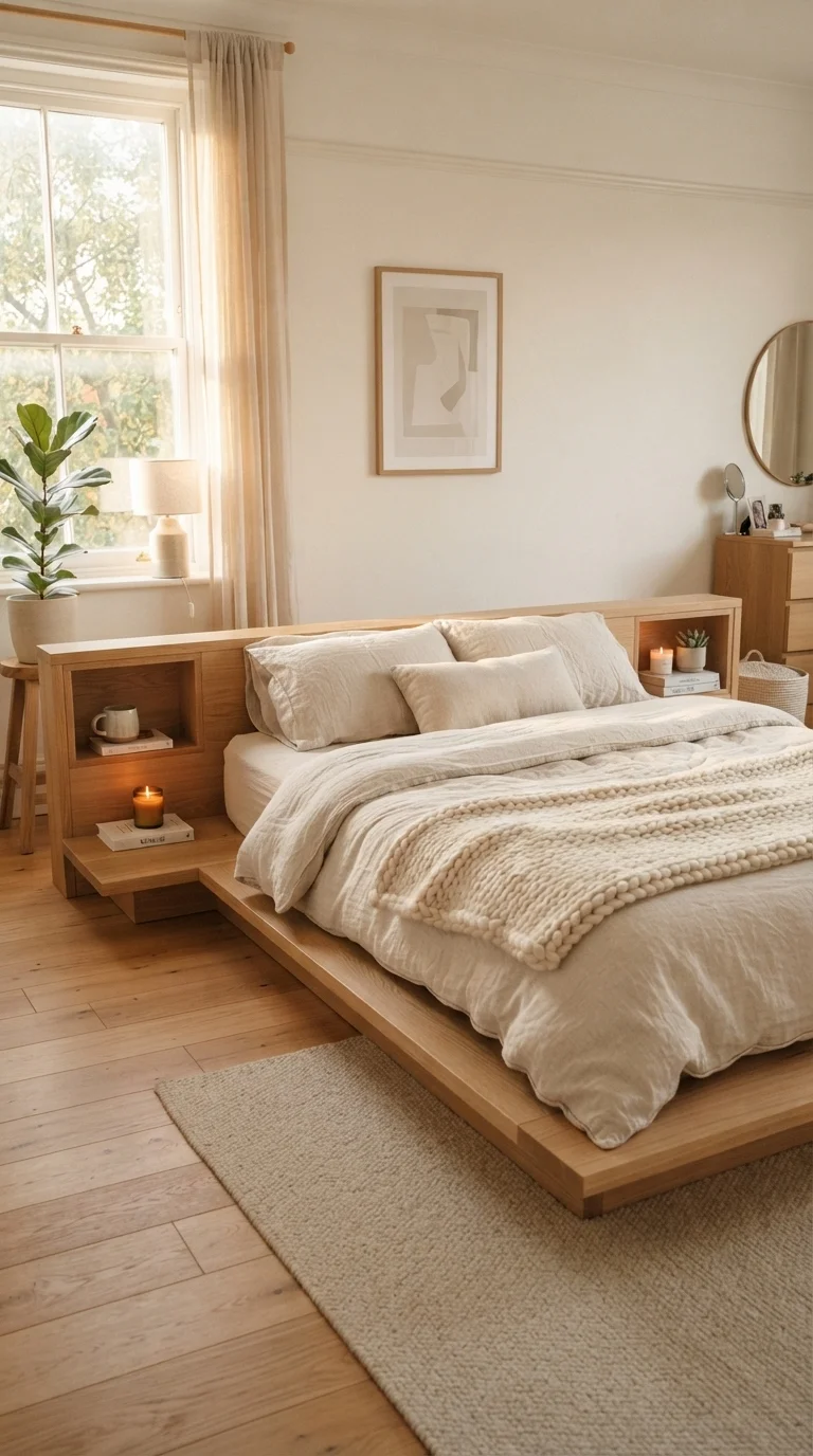 1. Low-Profile Platform Beds with Integrated Shelving