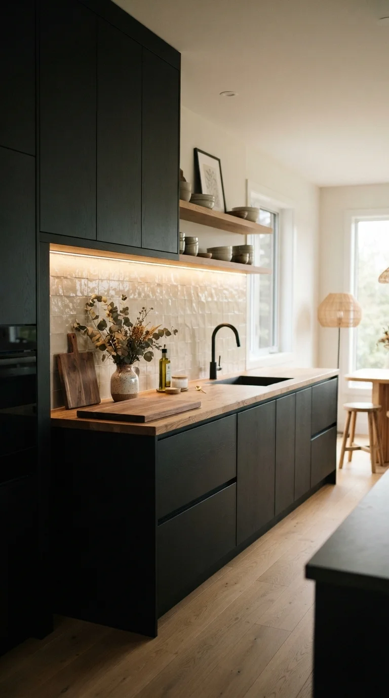 10 Black Kitchen Ideas 2026 Modern Beige and Decor 1. Matte Black Cabinetry with Creamy Beige Backsplash
