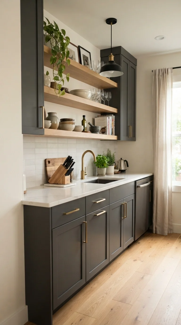 1. Matte Charcoal Cabinetry with White Oak Accents