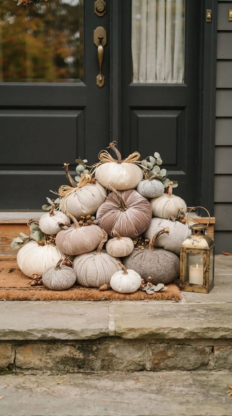 11 Outside Halloween Decorations Ideas 2026 Yard Decor 1. Monochromatic Velvet Pumpkin Clusters
