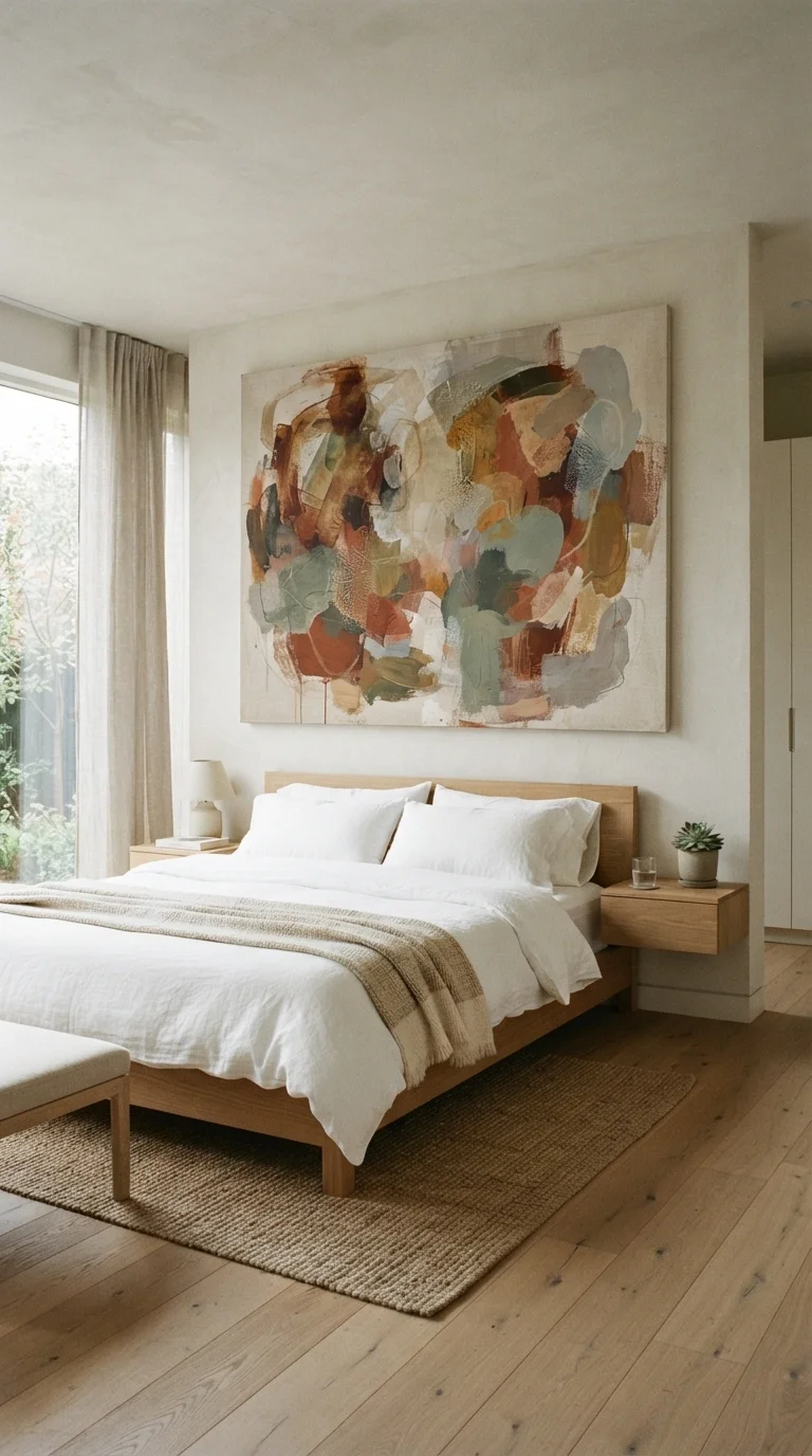 10 King Size Bed Ideas 2026 Art Above 1. Oversized Statement Canvas for Modern Minimalism