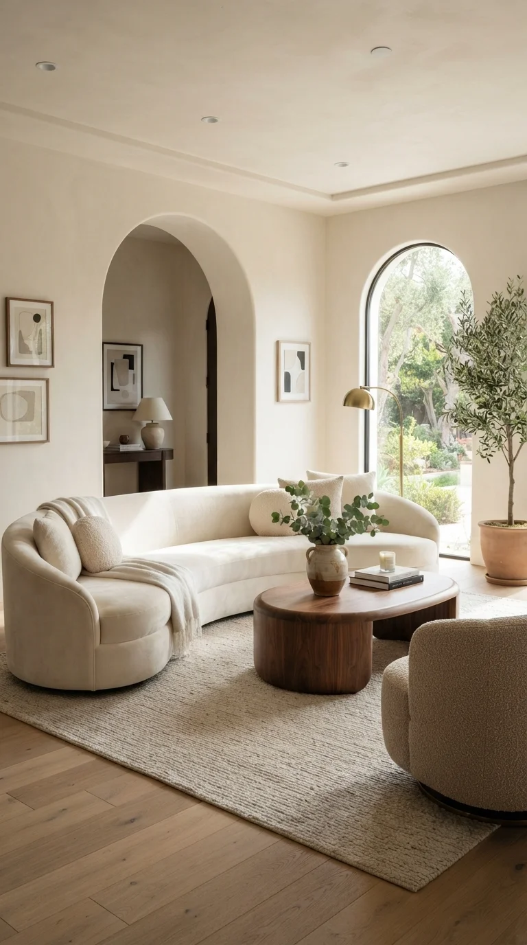 8 Modern Living Room Renovation Ideas 2026 1. Soft Organic Curves and Rounded Furniture