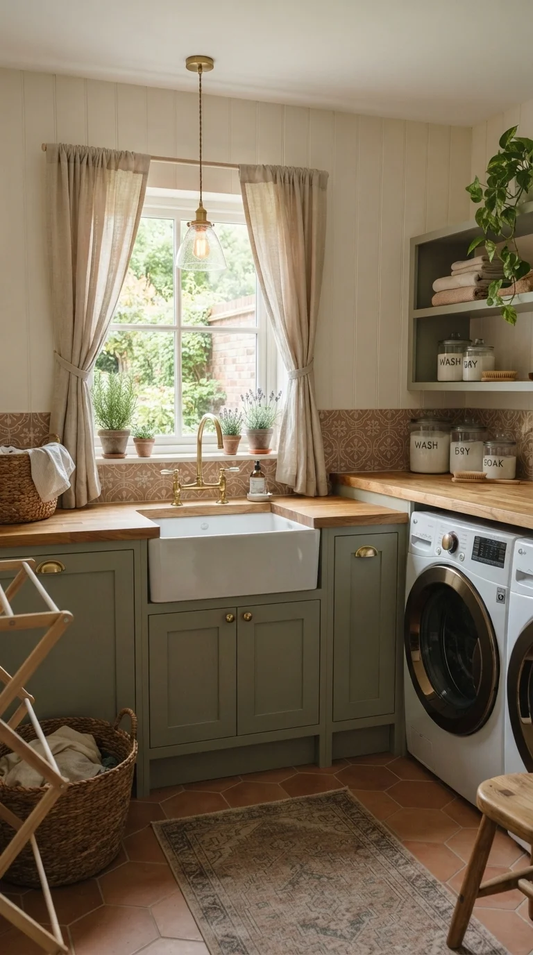 8 Laundry Room Remodel Ideas 2026 1. The Earthy Sage and Brass Retreat
