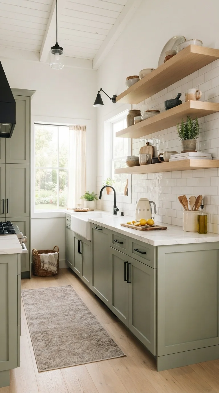1. Two-Tone Cabinetry with Oak Floating Shelves