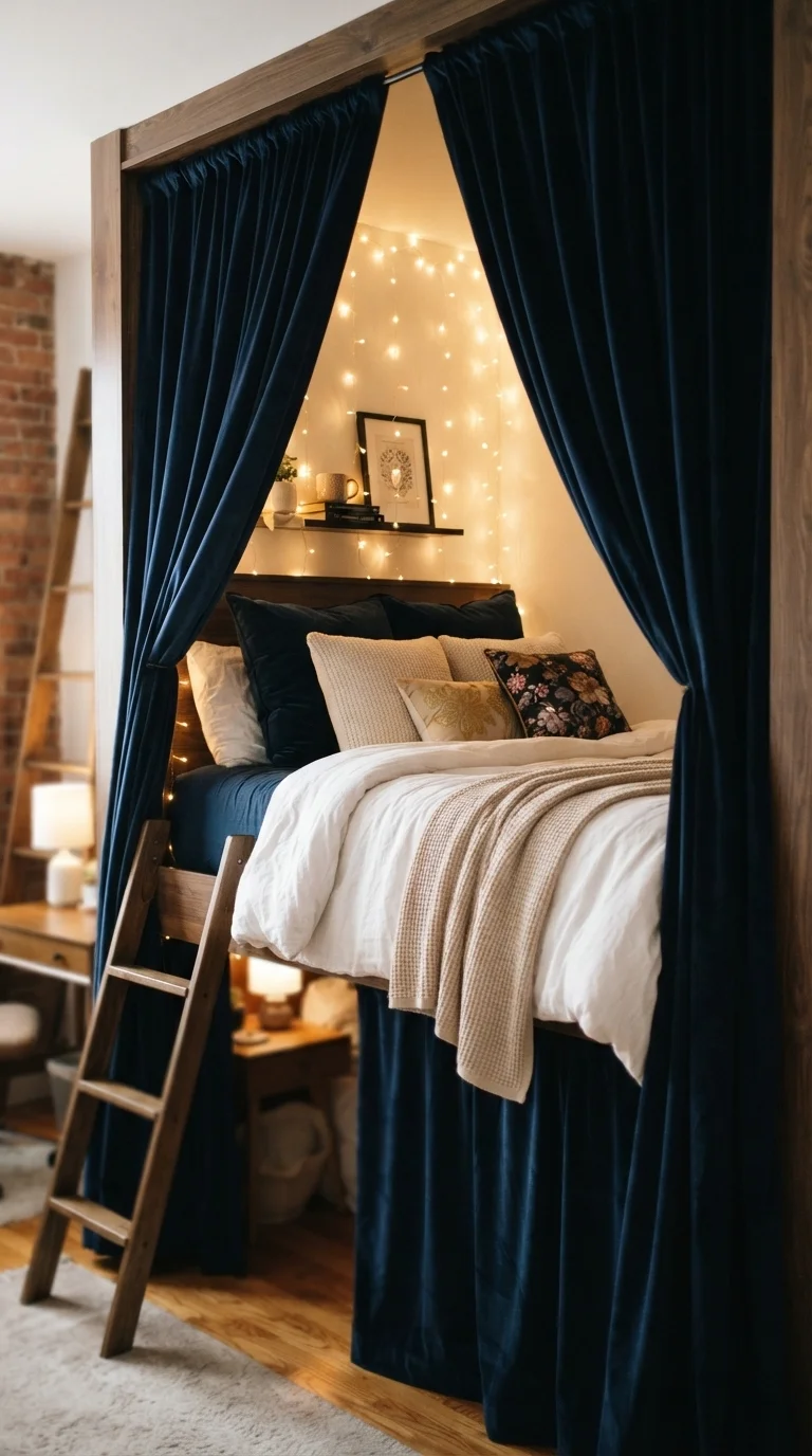 1. Velvet-Draped Loft Bed Haven