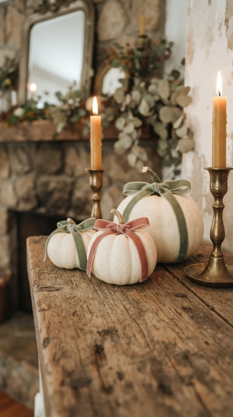 11 Cute Halloween Decor Ideas 2026 Decoration DIY 1. Velvet-Wrapped Heirloom Pumpkins