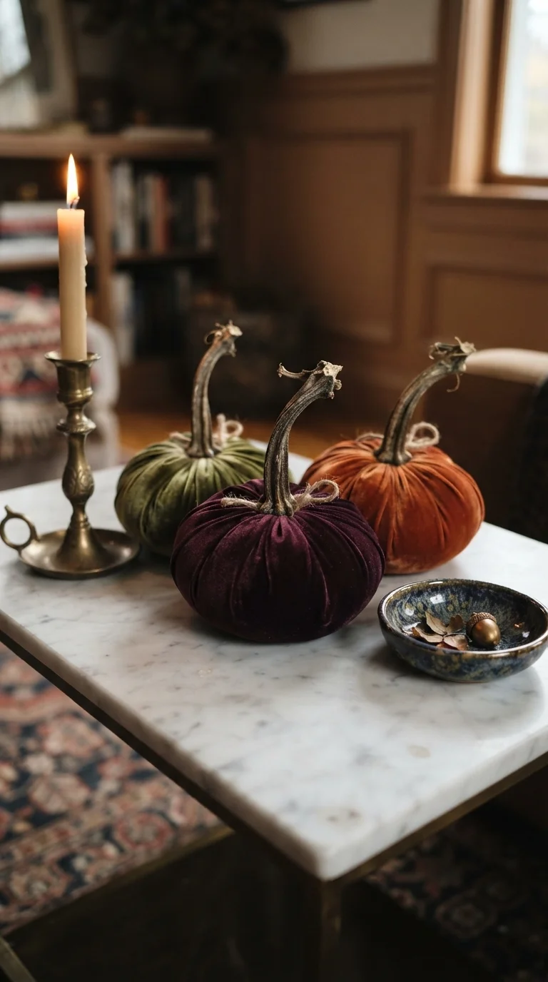 1. Velvet-Wrapped Pumpkins for a Luxe Living Room