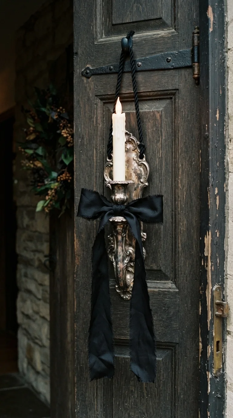 10. Antique Silver Candlestick and Black Ribbon Swag