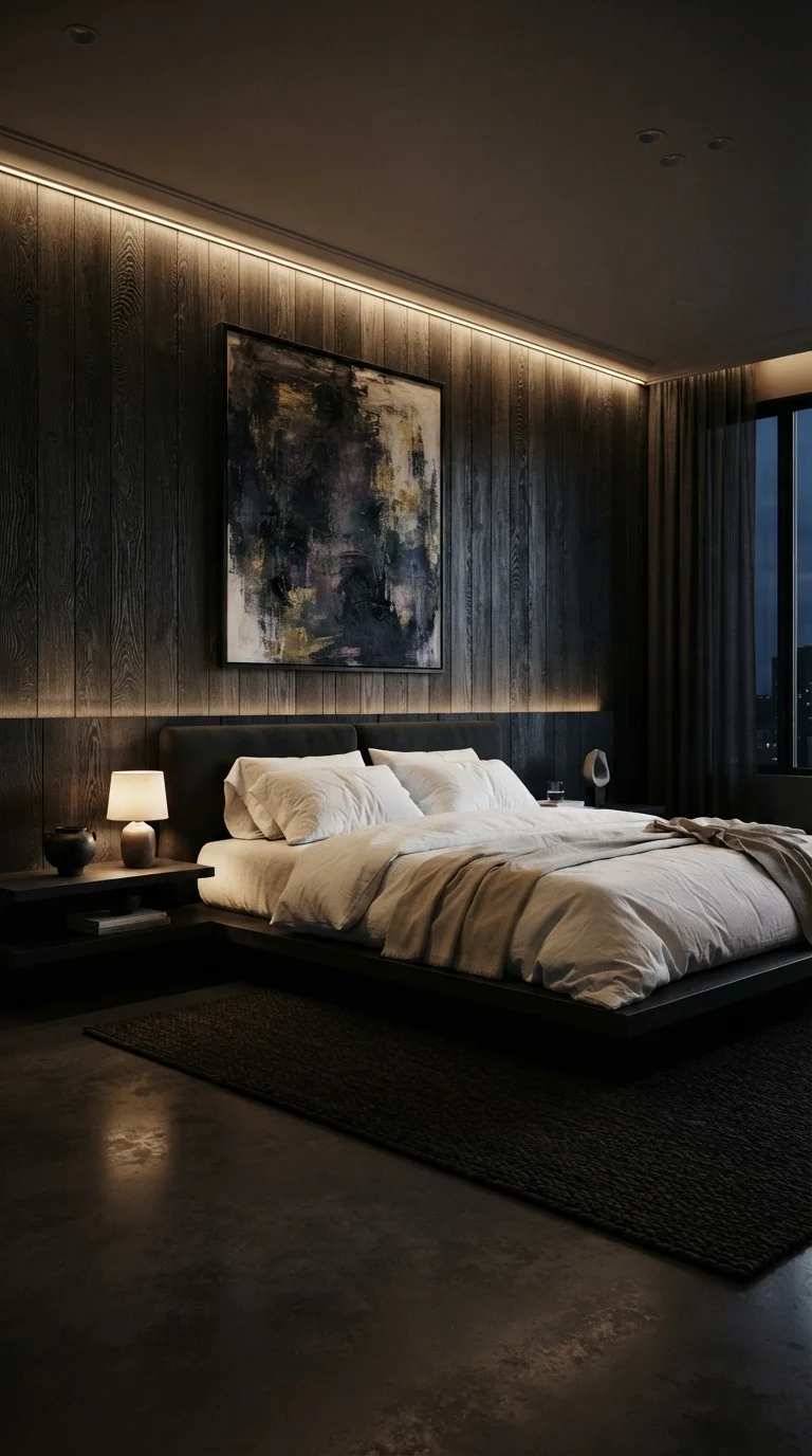 10. Blackened Oak Paneling and Soft Lighting