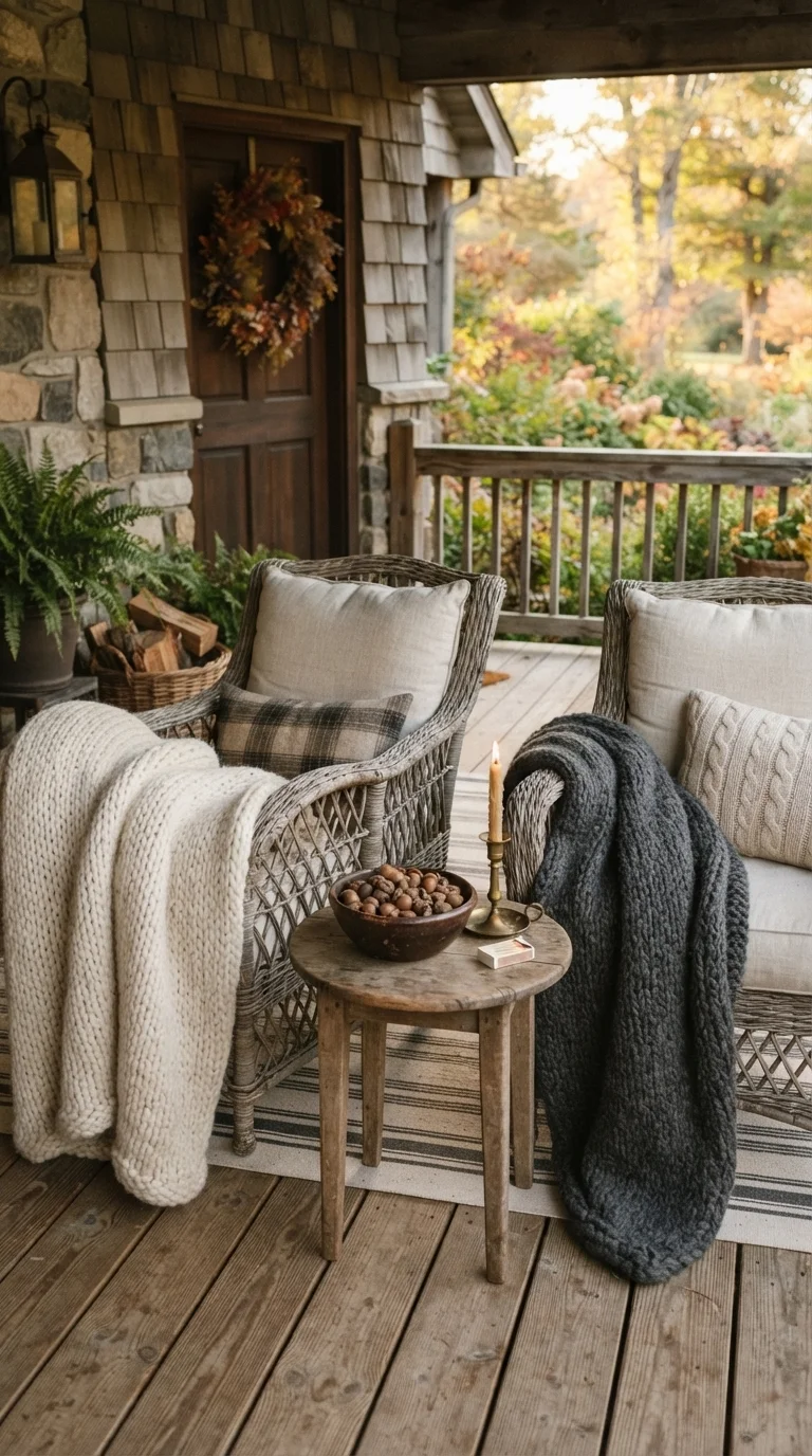 11 Outside Halloween Decorations Ideas 2026 Yard Decor 10. Cozy Textile-Wrapped Porch Furniture