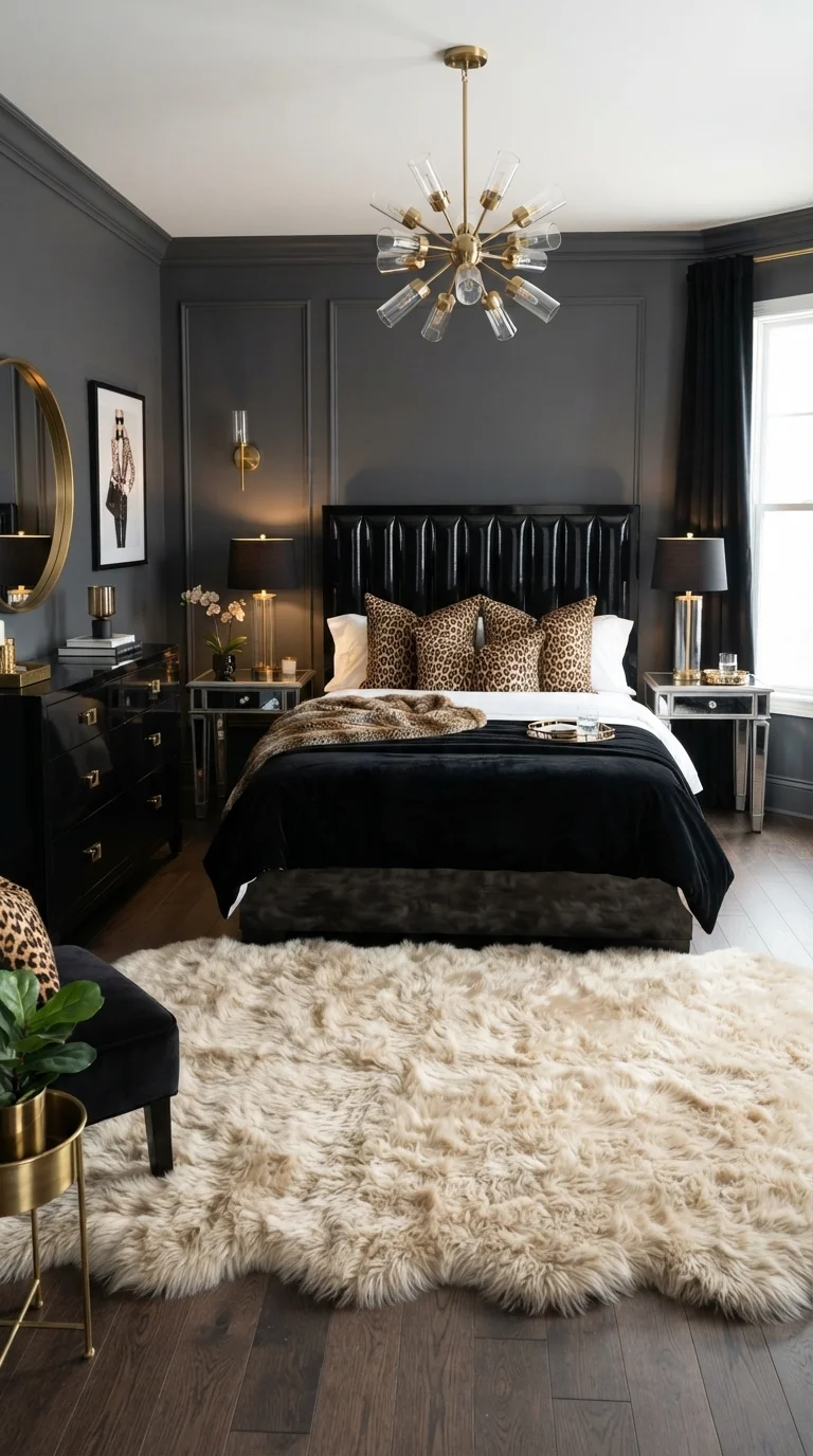 10 Vintage Bedroom Ideas 2026 Elegant Retro 10. Hollywood Regency with High-Gloss Finishes