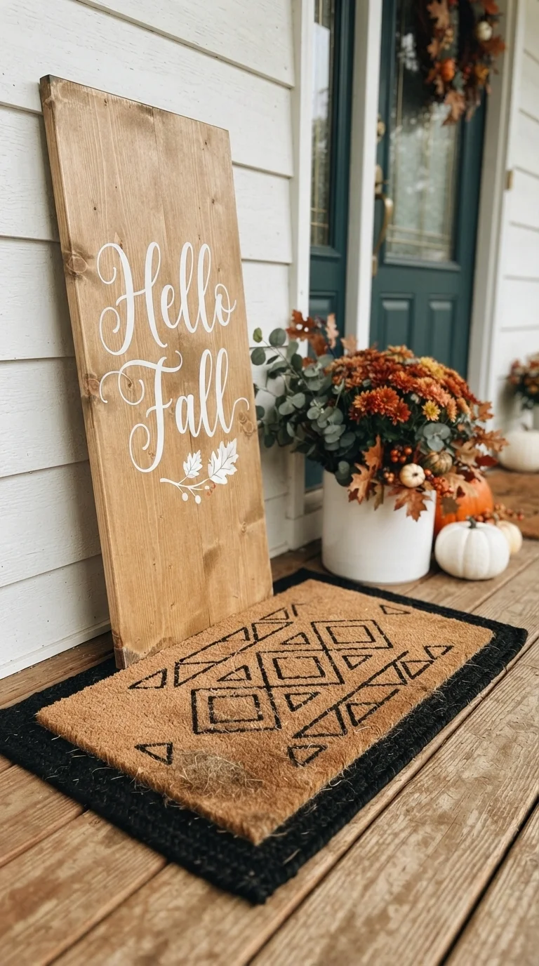10 Fall Porch Decorating Ideas 2026 with Pumpkins, Wreaths & Rustic Decor 10. Personalized Door Mats and Signage