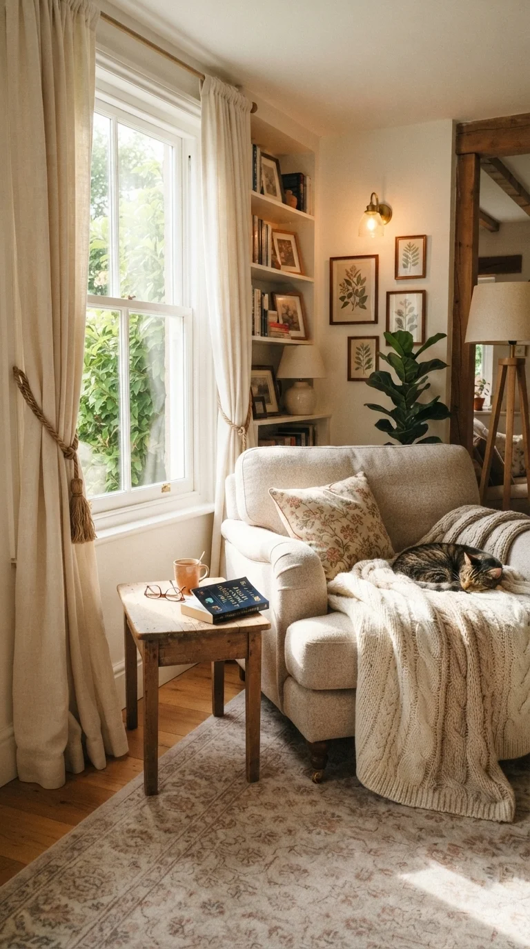 11 Cream Living Room Curtain Ideas 2026 10. Tie-Back Details for a Classic, Welcoming Vibe