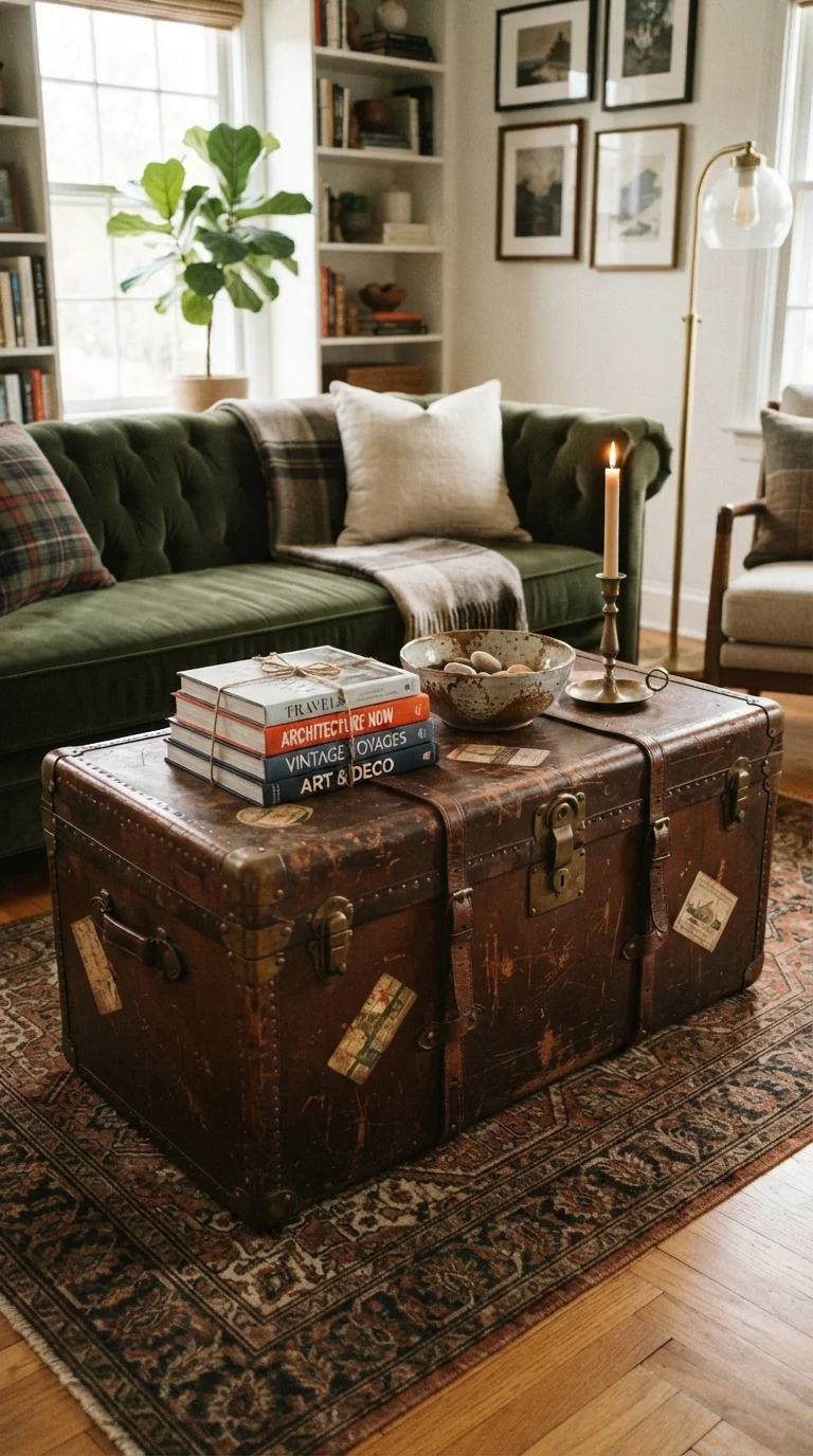 12 Boho Living Room Ideas 2026 Vintage 11. Vintage Trunks as Coffee Tables