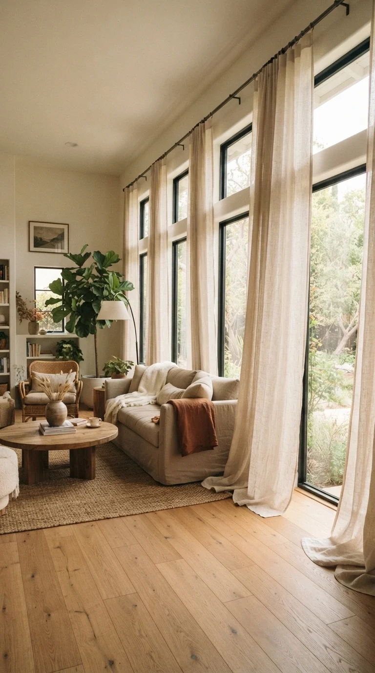 12 Boho Living Room Ideas 2026 Vintage 12. Floor-to-Ceiling Linen Curtains