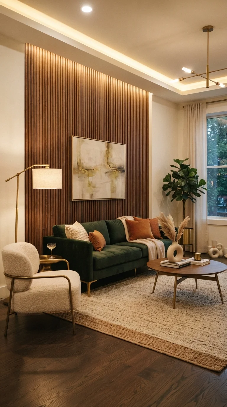 9 Modern Living Room Remodel Ideas 2026 2. Dramatic Fluted Wood Panelling