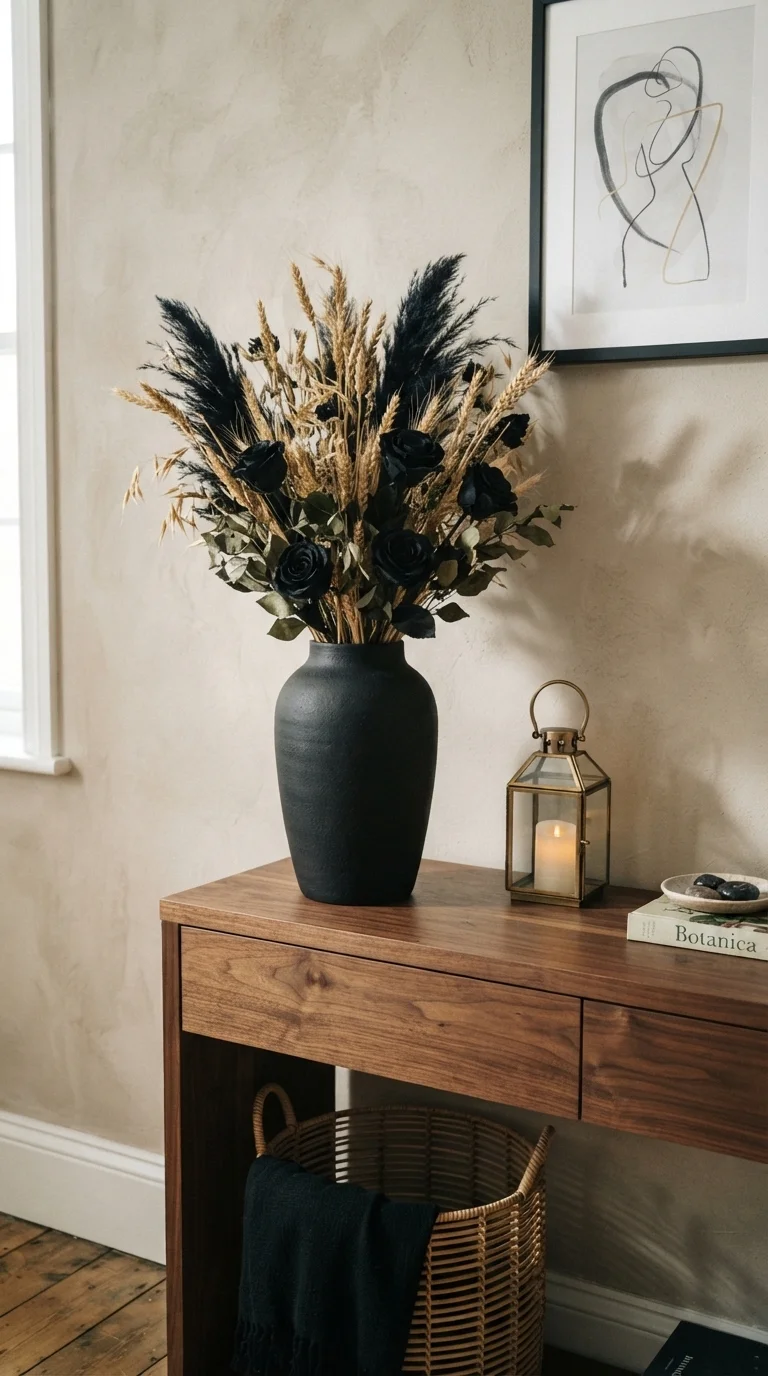 2. Dried Floral Arrangements in Dark Ceramic Vases