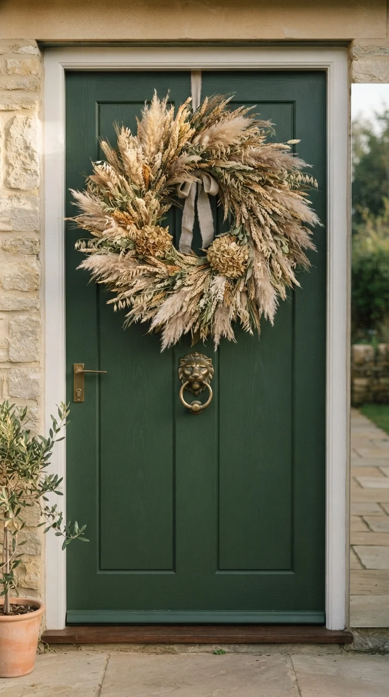 10 Fall Porch Decorating Ideas 2026 with Pumpkins, Wreaths & Rustic Decor 2. Dried Wheat and Grass Wreaths for Minimalist Texture