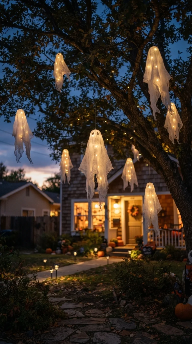 11 Outside Halloween Decorations Ideas 2026 Yard Decor 2. Ethereal Floating Ghost Installations