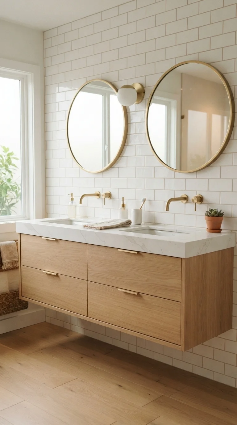 2. Floating Oak Vanities for Airiness