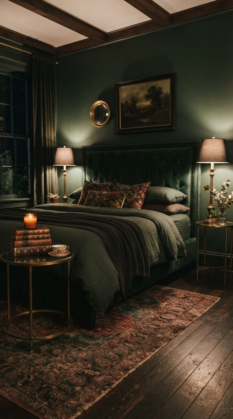2. Forest Green Velvet and Antique Brass