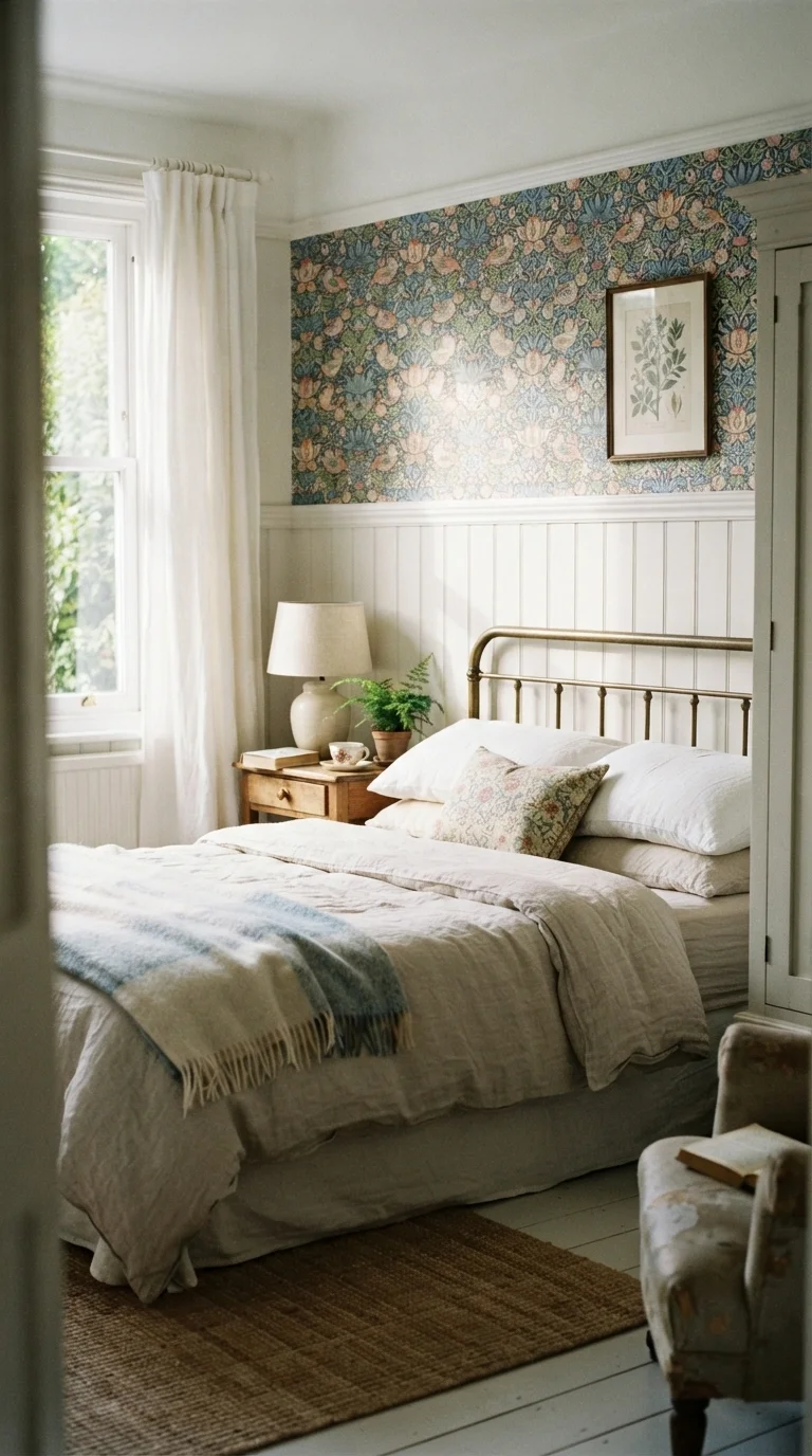 10 Bedroom Wall Decor Ideas 2026 Cottage Core 2. Heritage Floral Wallpaper Borders