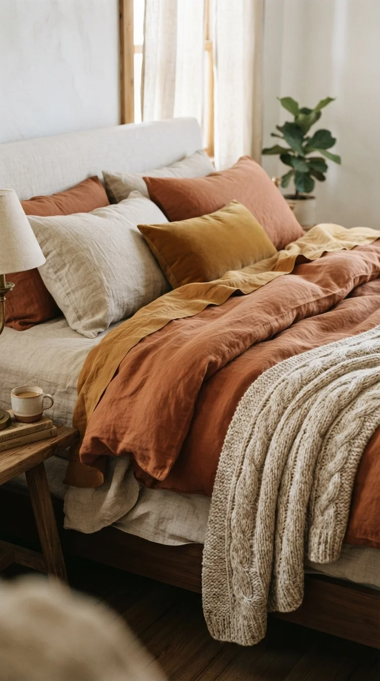 2. Layered Linen Bedding in Earthy Tones