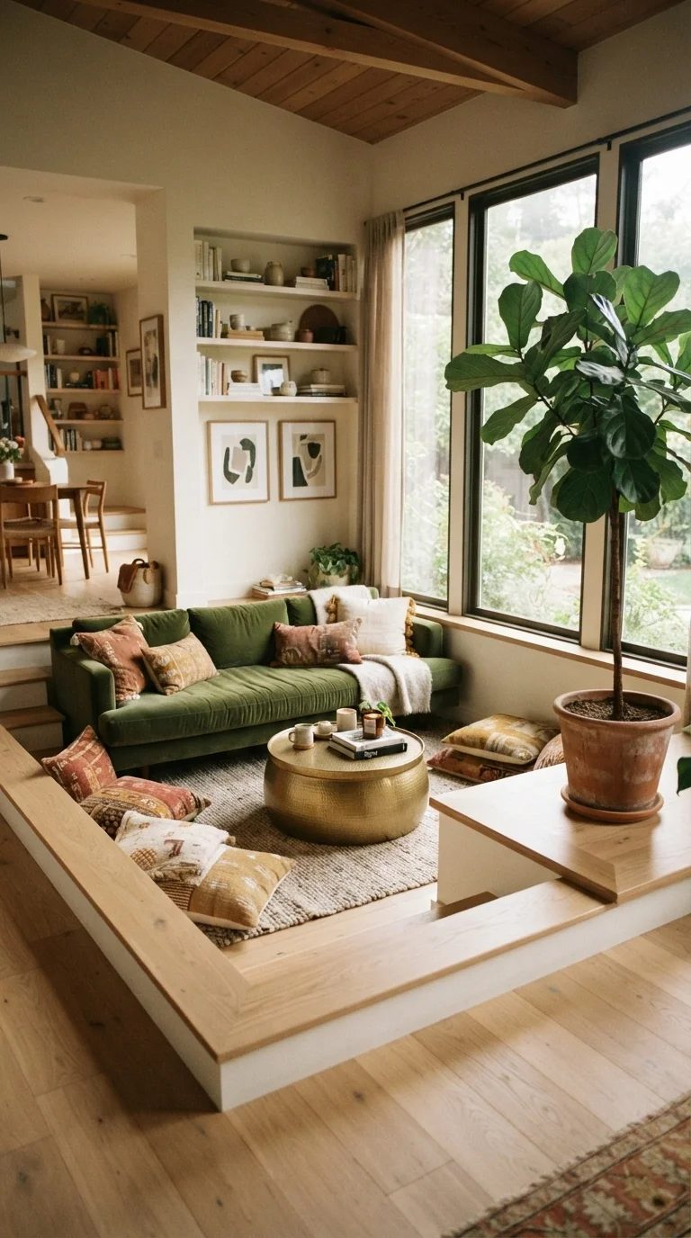 12 Boho Living Room Ideas 2026 Vintage 2. Low-Slung Velvet Seating for Lounge Comfort