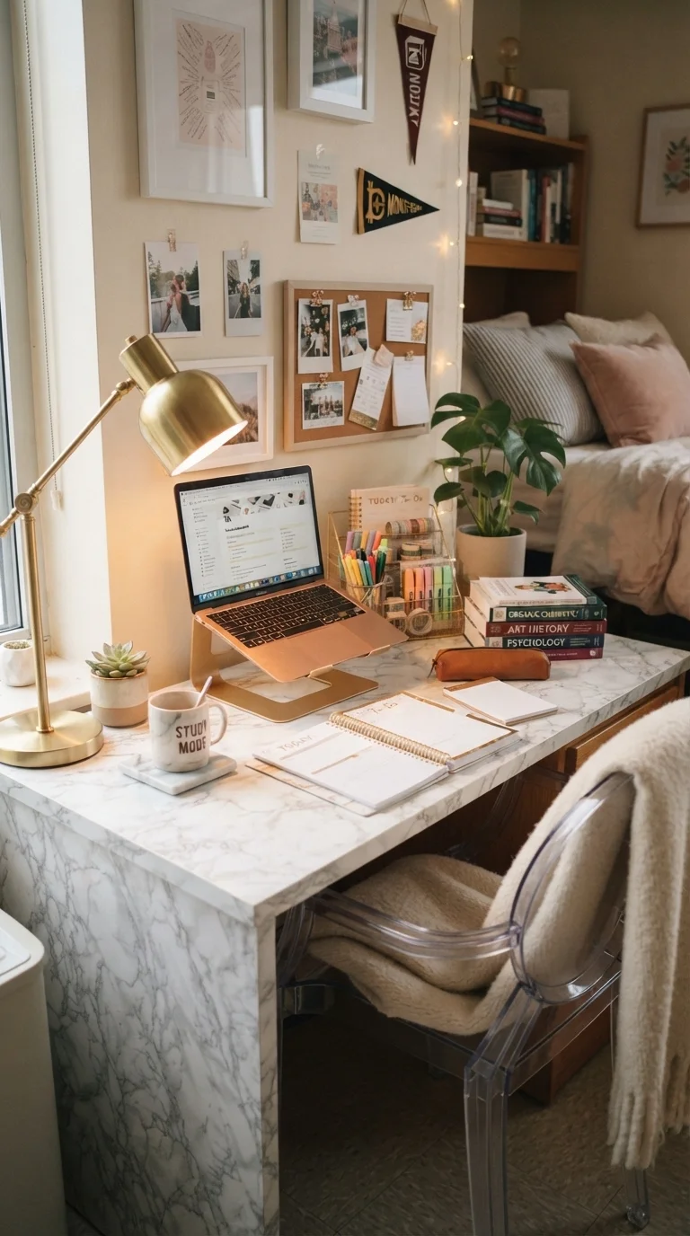 2. Marble-Topped Desk Workspace