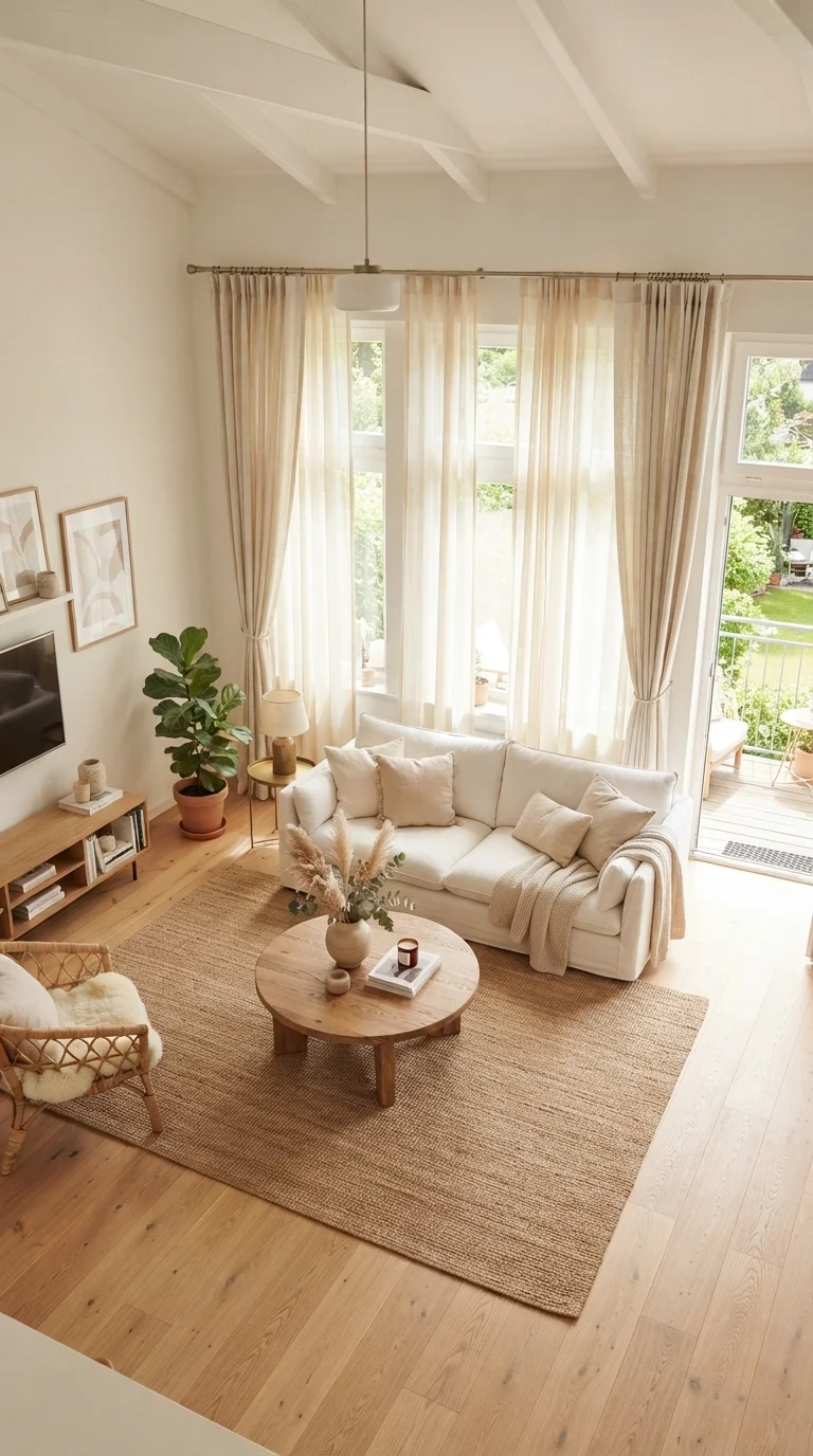 11 Cream Living Room Curtain Ideas 2026 2. Sheer Layering for Maximum Light Diffusion