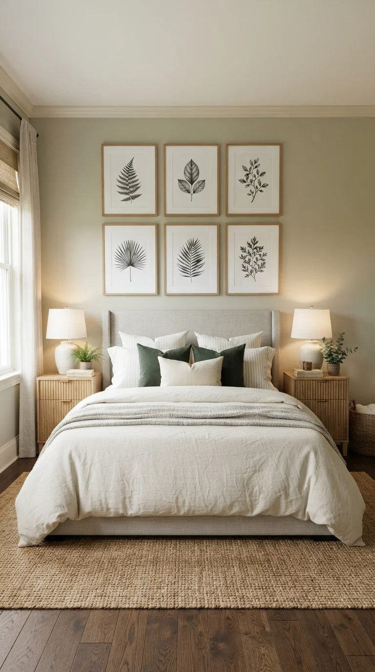 10 King Size Bed Ideas 2026 Art Above 2. Symmetrical Gallery Wall with Matching Frames