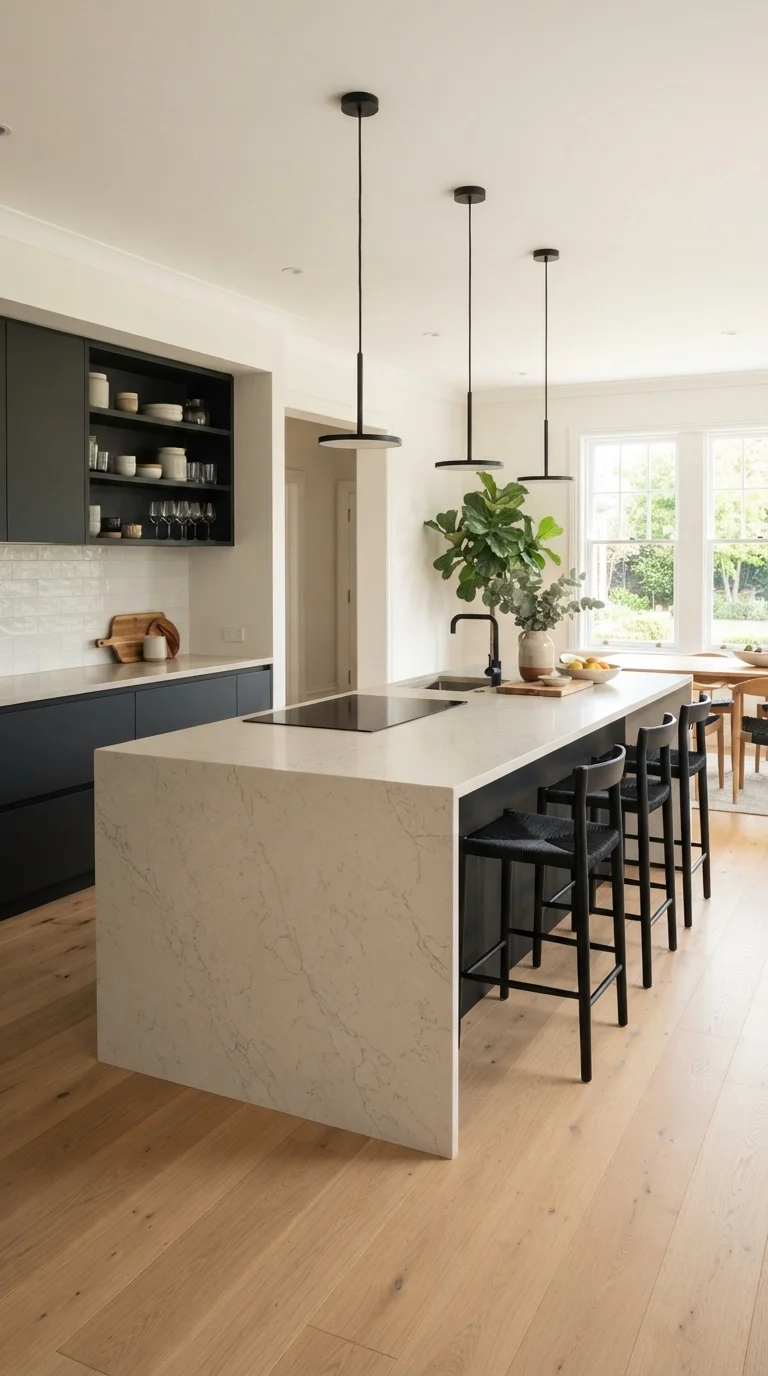 10 Black Kitchen Ideas 2026 Modern Beige and Decor 2. The Warmth of Beige Quartz Waterfall Islands