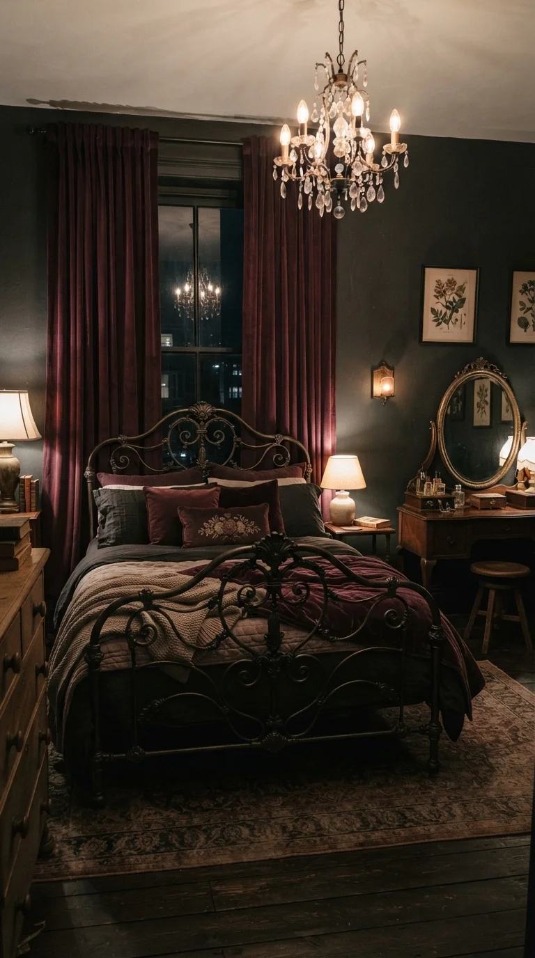10 Vintage Bedroom Ideas 2026 Elegant Retro 2. Victorian Gothic Glamour with Deep Velvet
