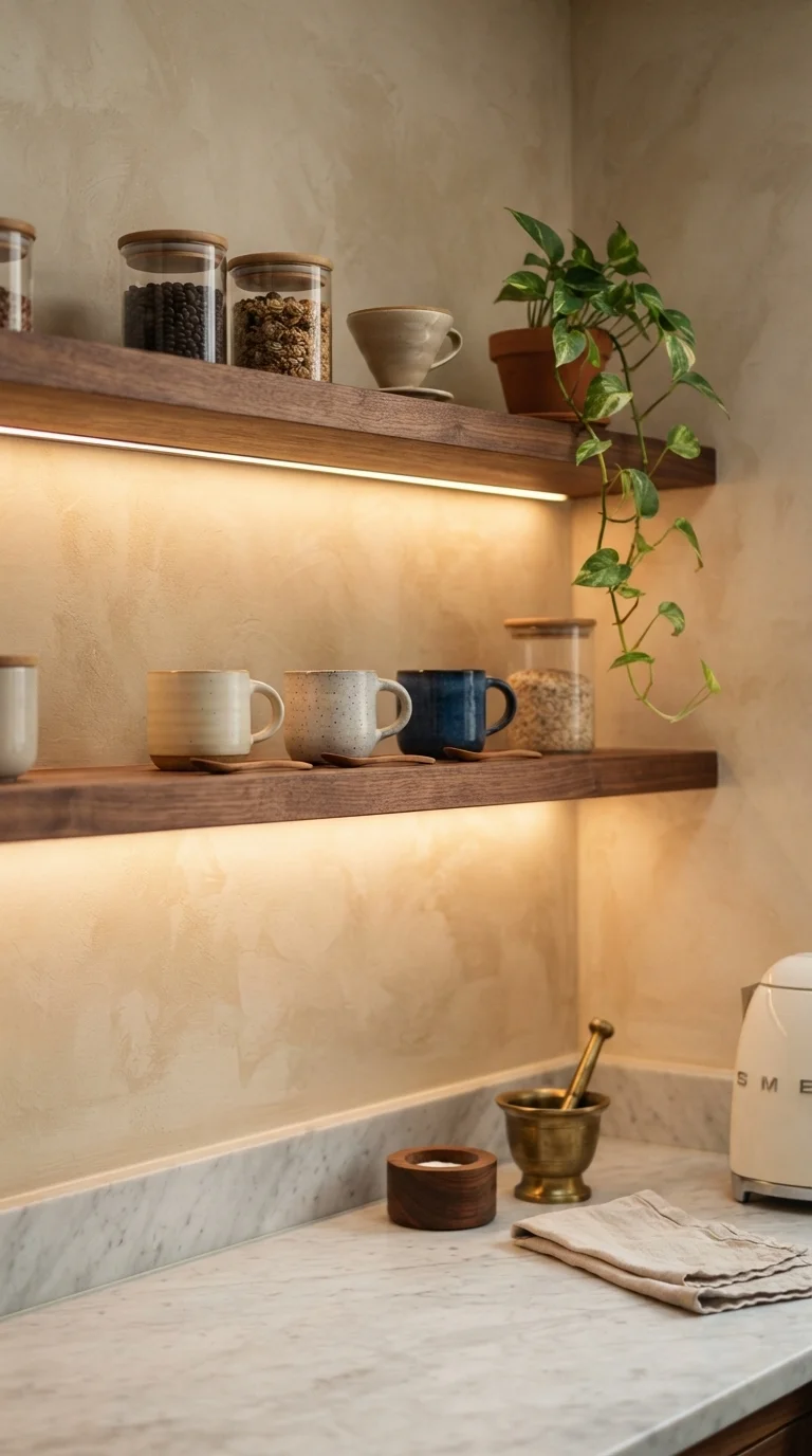 2. Walnut Floating Shelves and Warm Task Lighting