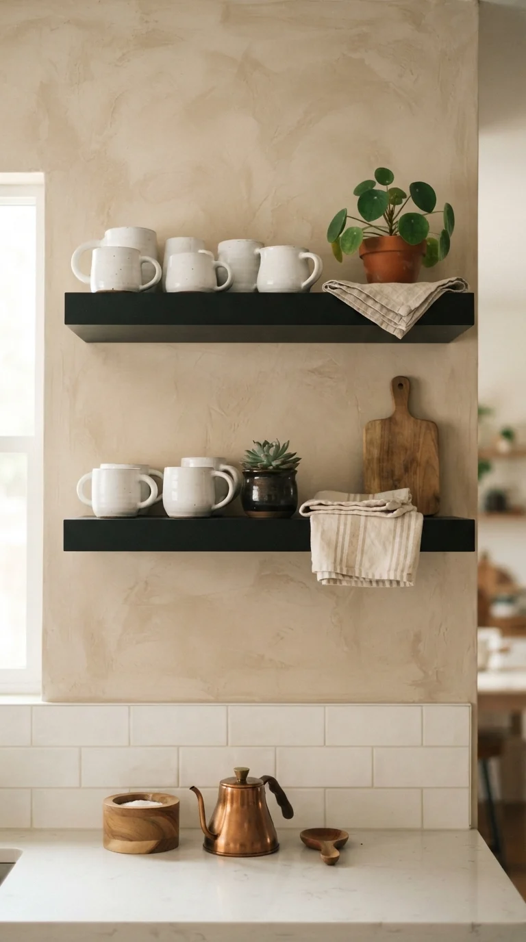 10 Black Kitchen Ideas 2026 Modern Beige and Decor 3. Black Open Shelving Against Beige Venetian Plaster
