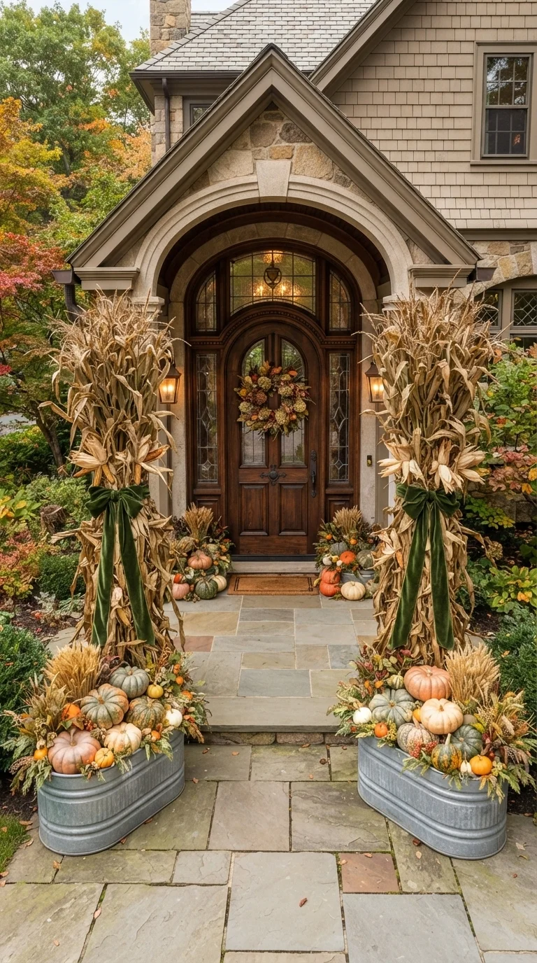11 Outside Halloween Decorations Ideas 2026 Yard Decor 3. Dried Wheat and Corn Stalk Architecture