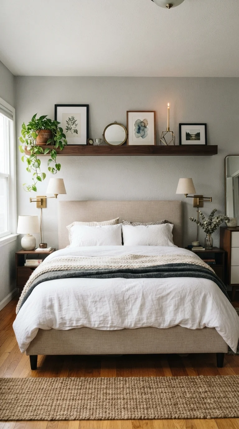 10 King Size Bed Ideas 2026 Art Above 3. Floating Ledge Shelf for Dynamic Styling