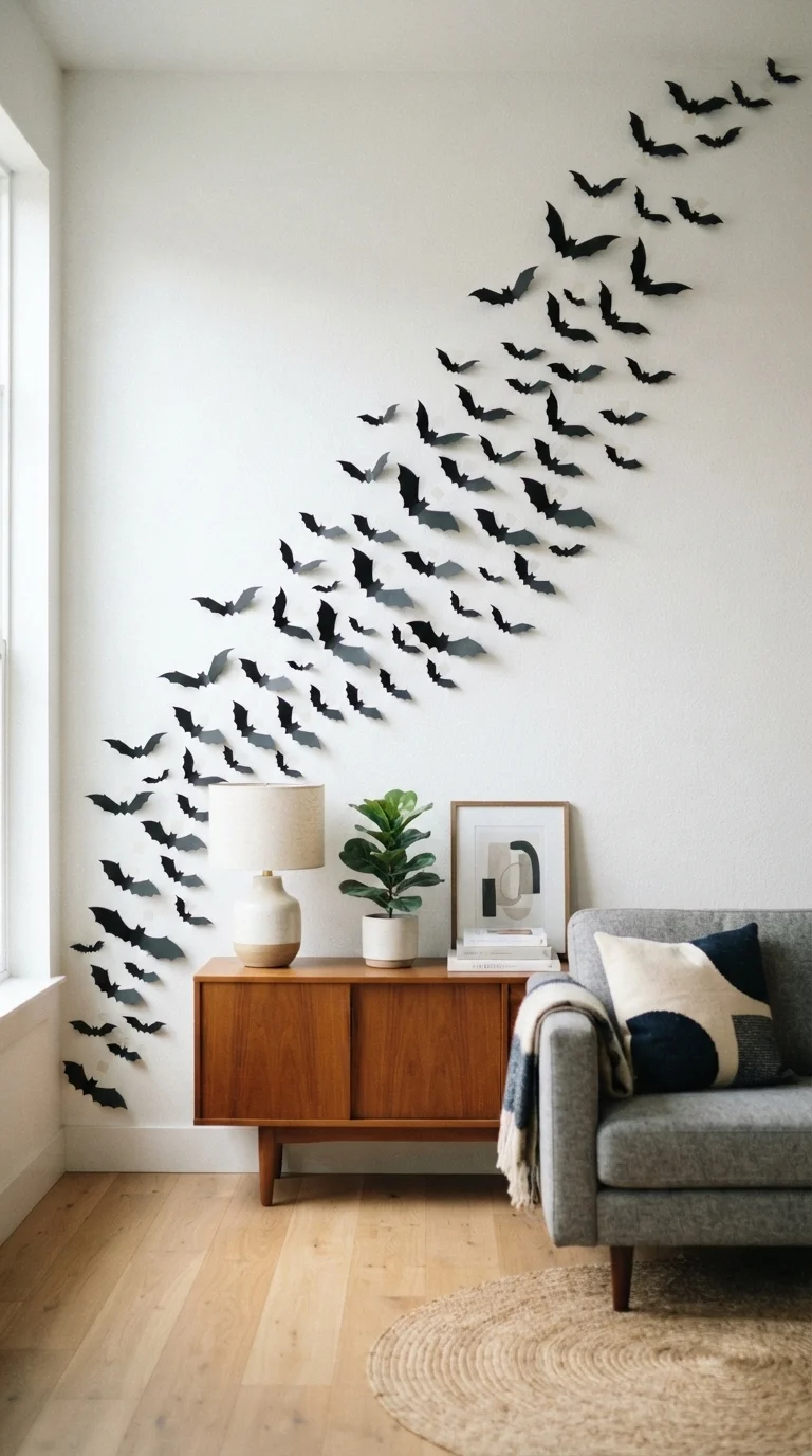 11 Cute Halloween Decor Ideas 2026 Decoration DIY 3. Floating Paper Bat Wall Installations