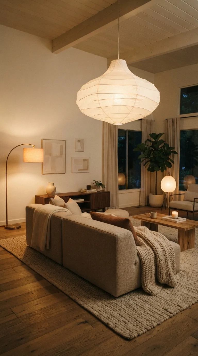 8 Modern Living Room Renovation Ideas 2026 3. Layered Lighting with Statement Sculptural Lamps