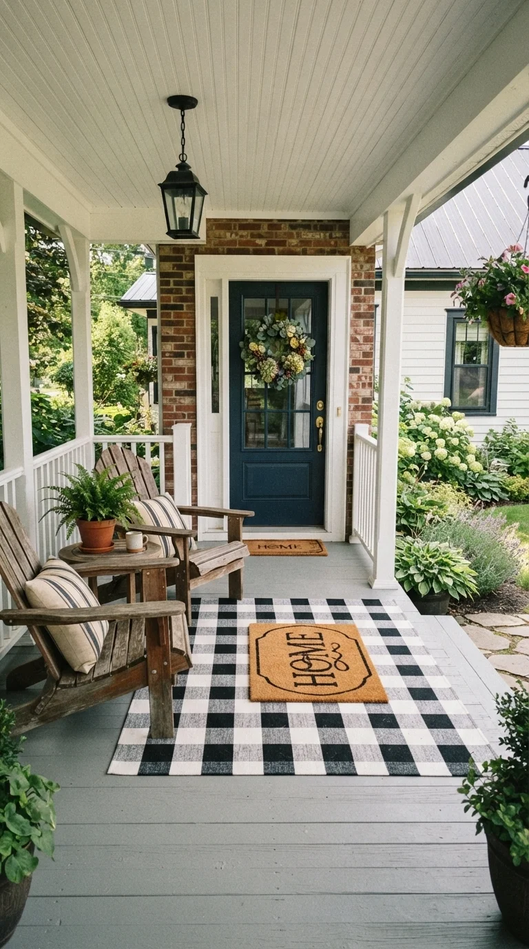 10 Fall Porch Decorating Ideas 2026 with Pumpkins, Wreaths & Rustic Decor 3. Layered Outdoor Rugs for Cozy Foundation