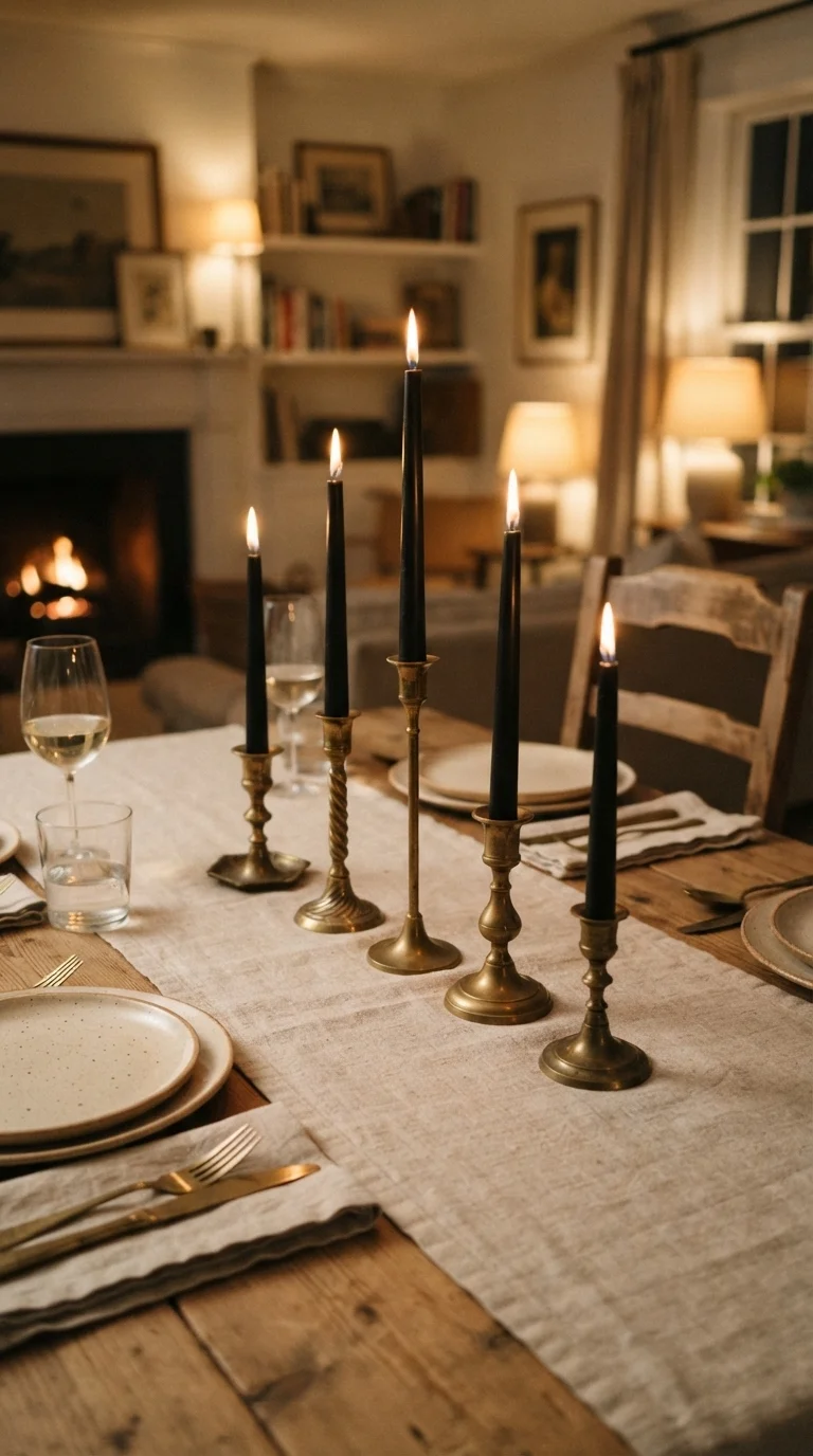 3. Minimalist Black Taper Candles and Brass Holders