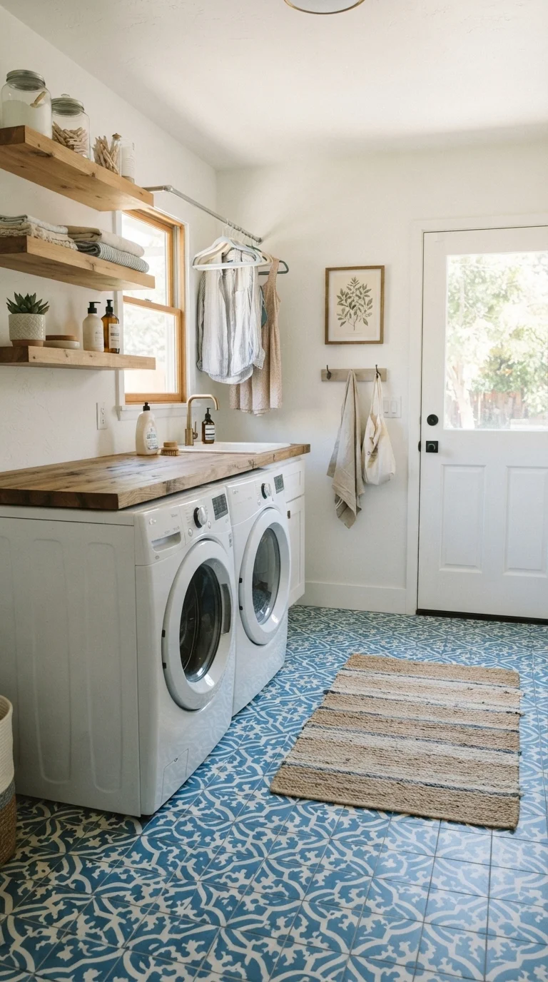 8 Laundry Room Remodel Ideas 2026 3. Patterned Cement Tile Flooring