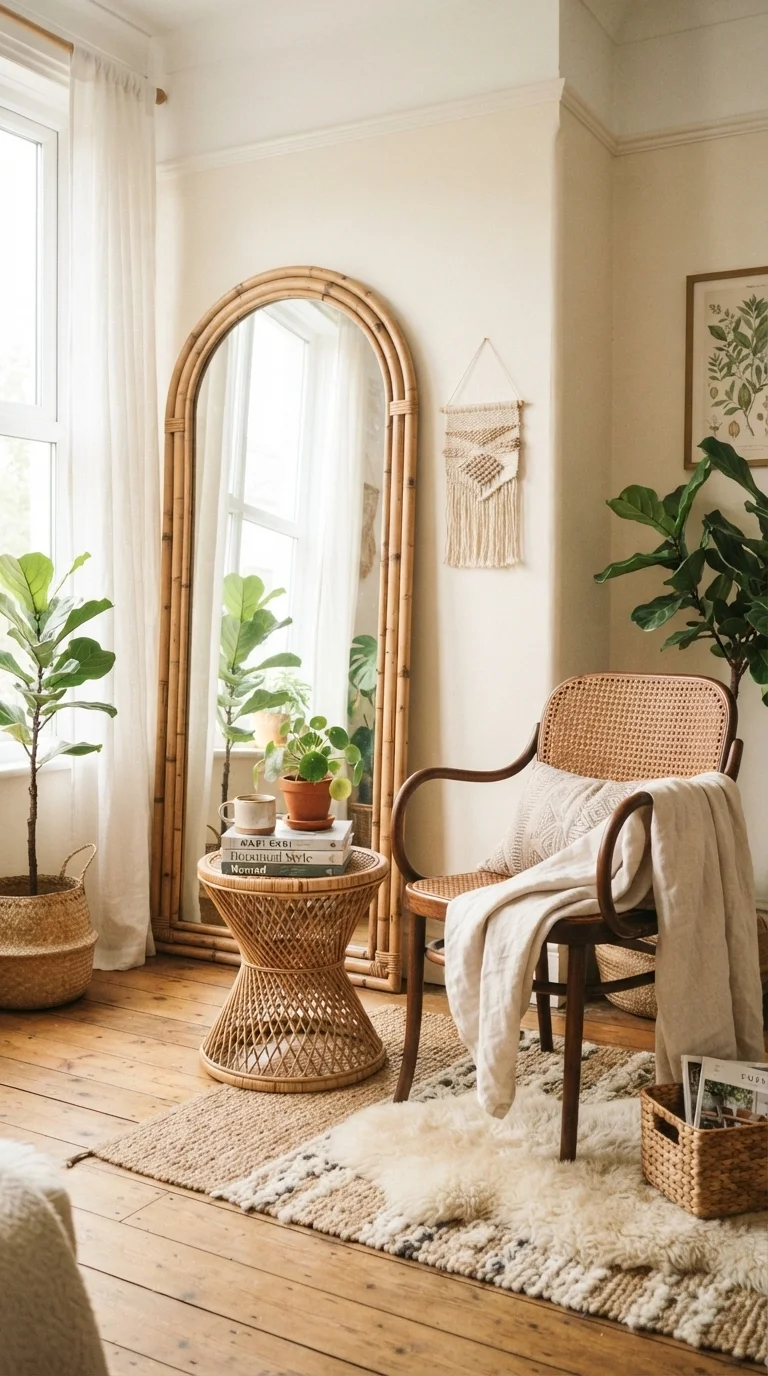 12 Boho Living Room Ideas 2026 Vintage 3. Sculptural Rattan and Cane Accents