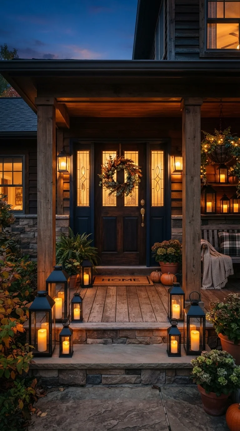 10 Fall Porch Decor Ideas 2026 3. Warm Ambient Lighting with Lanterns