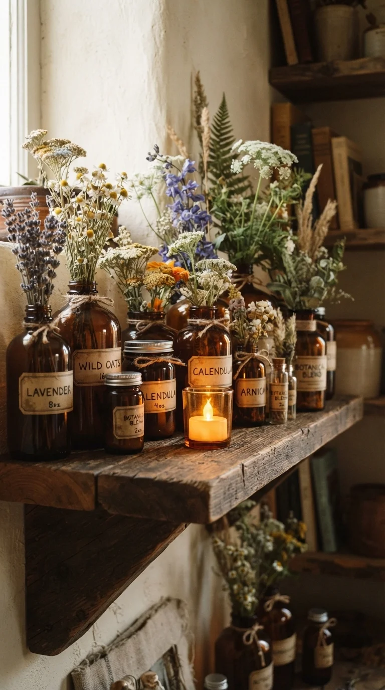 11 Cute Halloween Decor Ideas 2026 Decoration DIY 4. Amber Glass Apothecary Vignettes