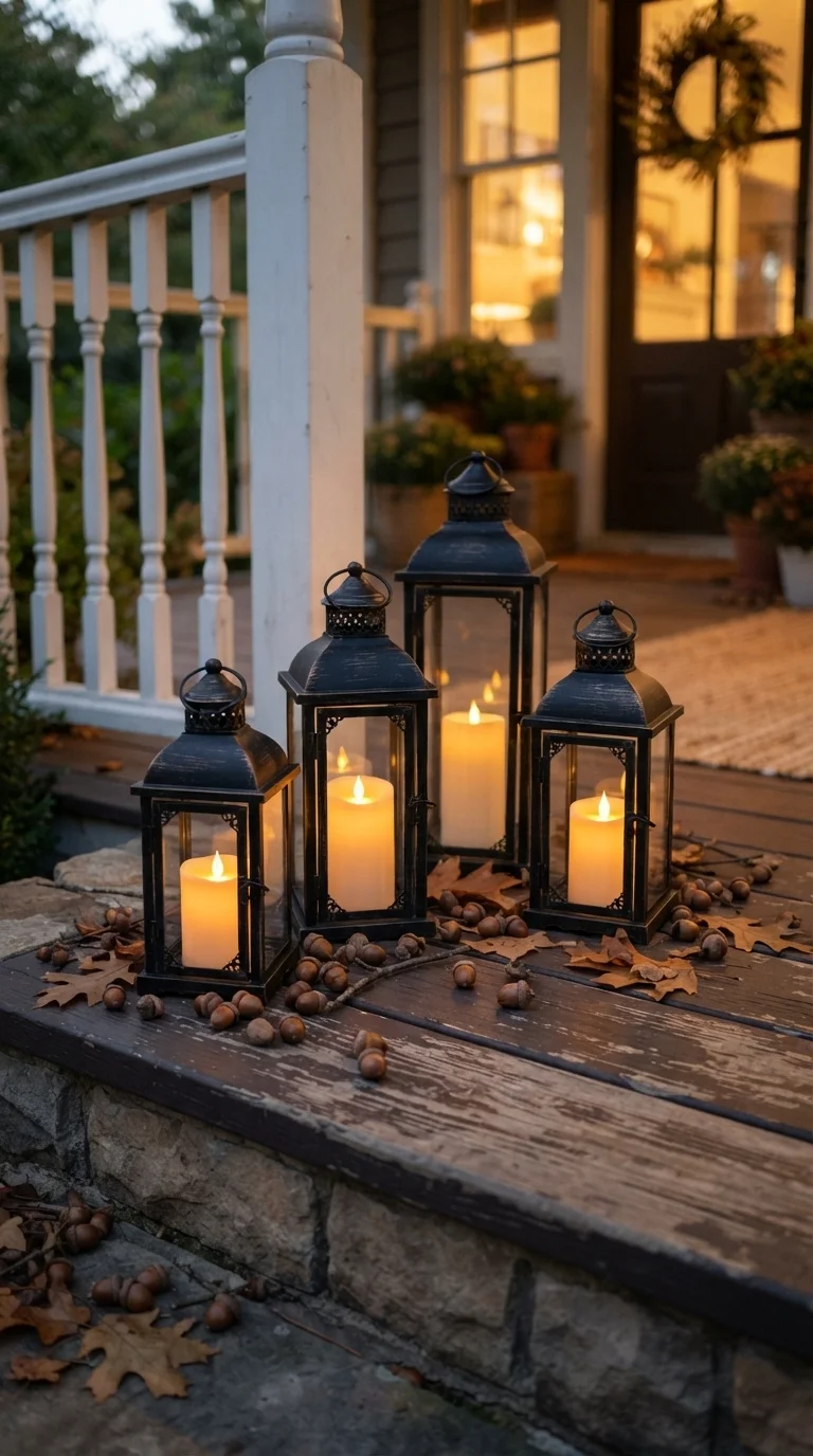 10 Fall Porch Decorating Ideas 2026 with Pumpkins, Wreaths & Rustic Decor 4. Antique Lanterns with Flickering Flameless Candles