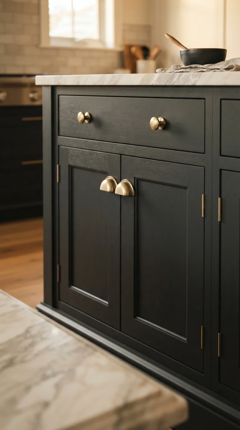 10 Black Kitchen Ideas 2026 Modern Beige and Decor 4. Dark Charcoal Shaker Cabinets with Brass Hardware