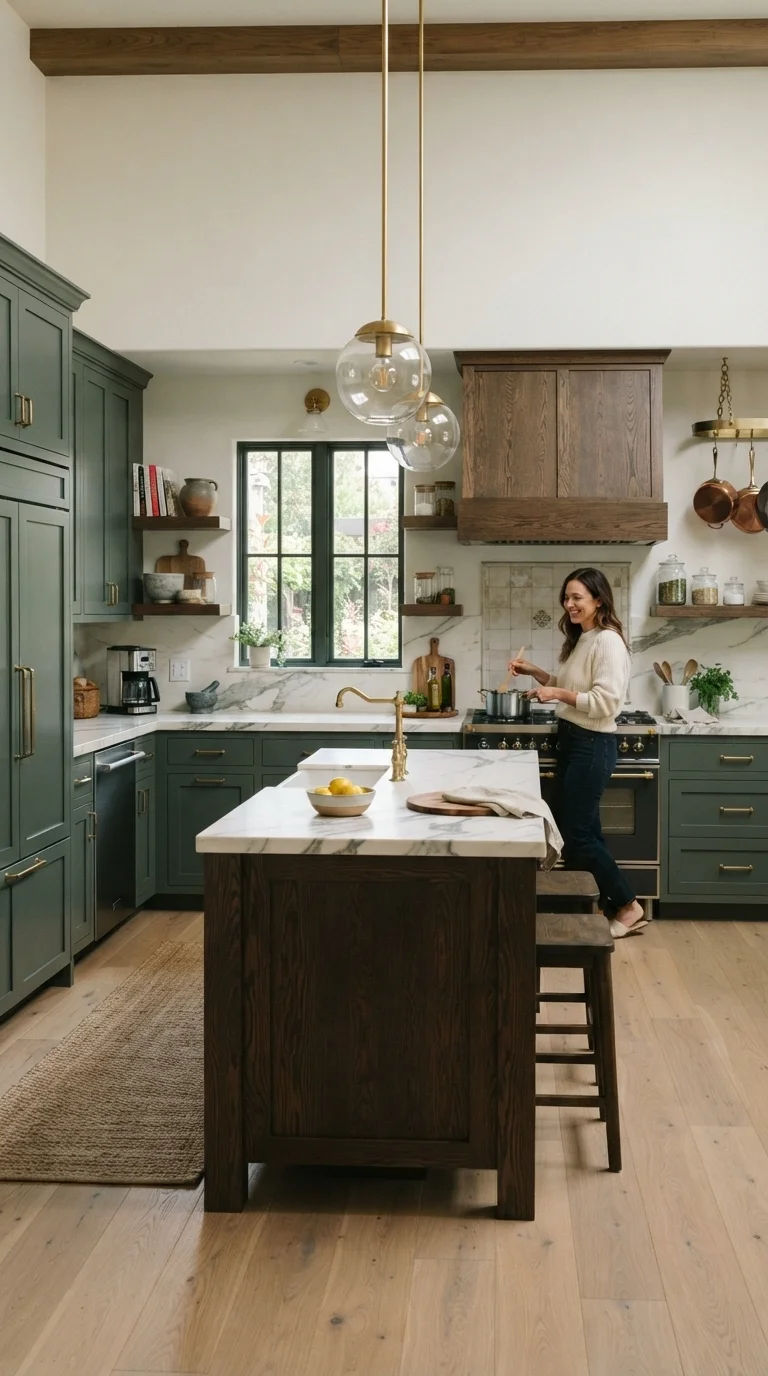 4. Dramatic Sage Green and Dark Oak Contrast