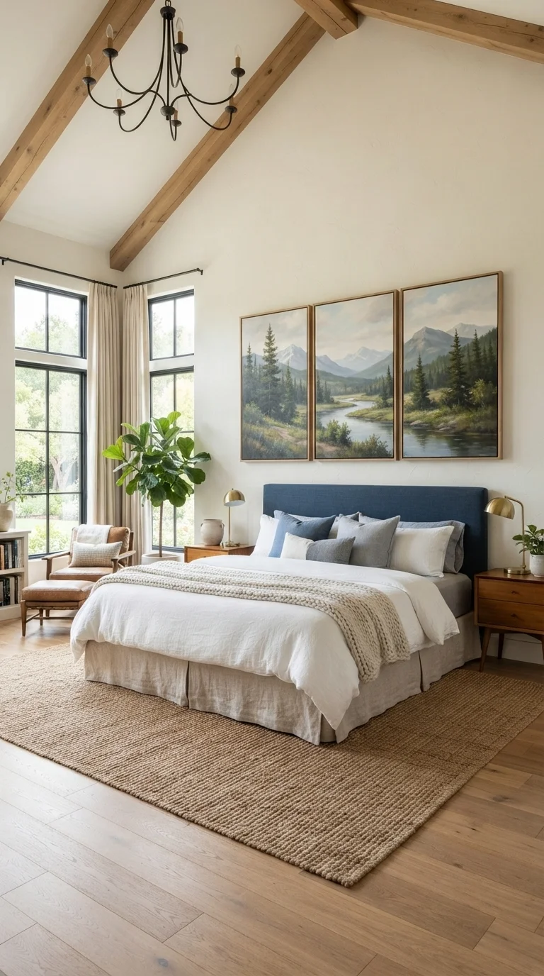 10 King Size Bed Ideas 2026 Art Above 4. Large-Scale Triptych for Architectural Impact